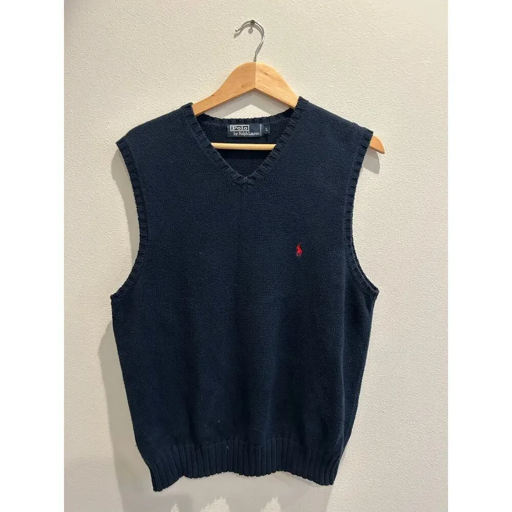 Vintage Polo Ralph Lauren 100% Cotton Navy sweater Vest sz L preppy